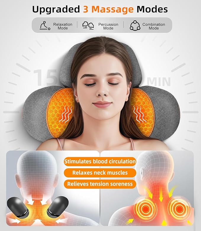 Cordless Heated Neck Massager Pillow | 3-in-1 Cervical Traction Device with Heat & Massage