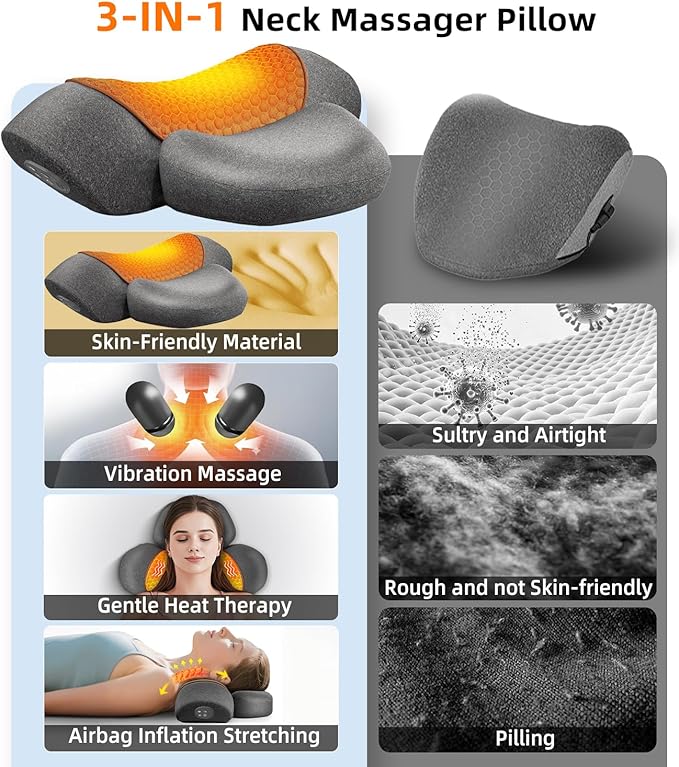 Cordless Heated Neck Massager Pillow | 3-in-1 Cervical Traction Device with Heat & Massage