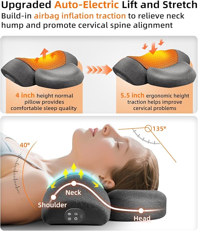 Cordless Heated Neck Massager Pillow | 3-in-1 Cervical Traction Device with Heat & Massage