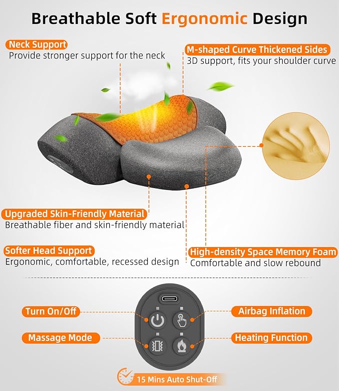 Cordless Heated Neck Massager Pillow | 3-in-1 Cervical Traction Device with Heat & Massage