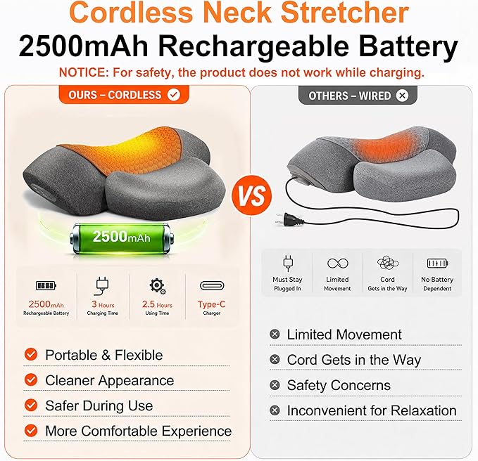 Cordless Heated Neck Massager Pillow | 3-in-1 Cervical Traction Device with Heat & Massage